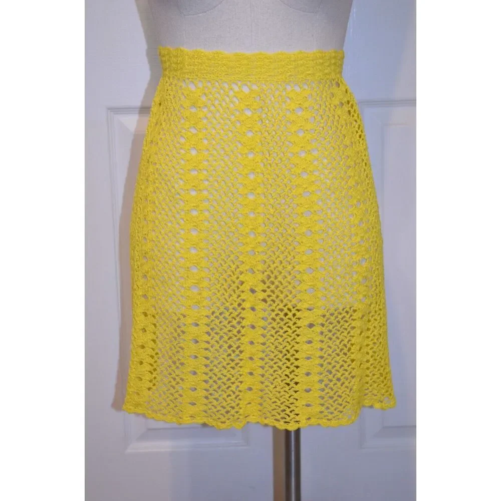 Vintage Ladies Hand Crocheted Yellow‎  1/2 Apron & Dish Cloth